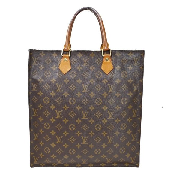 LOUIS VUITTON Logo Sac Plat Hand Tote Bag Monogram Leather Brown - Picture 3 of 15